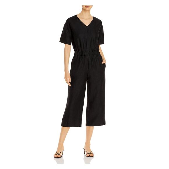 EILEEN FISHER Pants - EILEEN FISHER Womens Black Short Sleeve V Neck Wide Leg Jumpsuit XL
